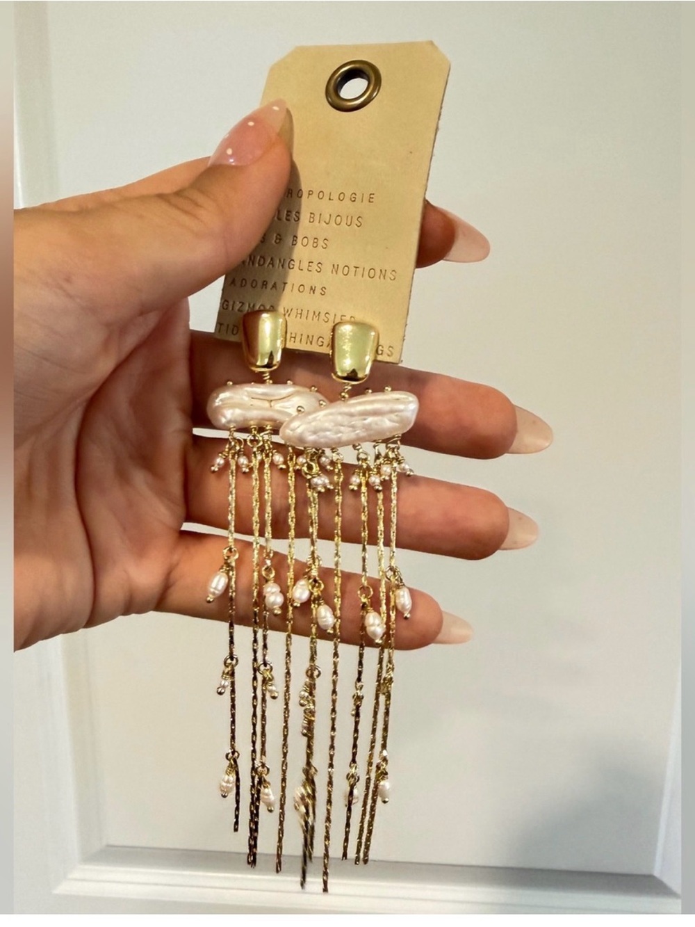 Anthropologie Gold and Pearl Fringe Drop Earrings